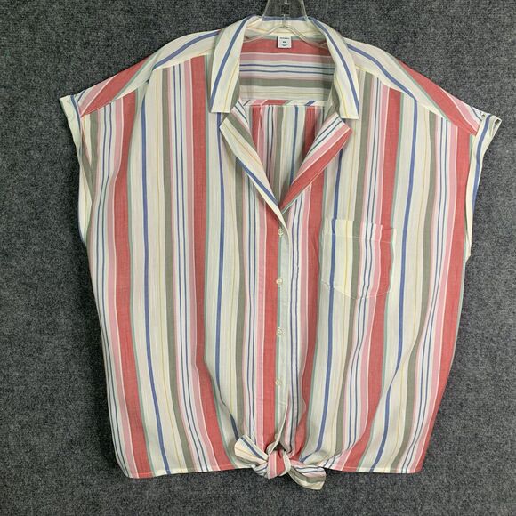Old Navy Striped Shirt Women XXL Cap Sleeve Tie Waist Cool Summer Cotton Rayon - Picture 1 of 12